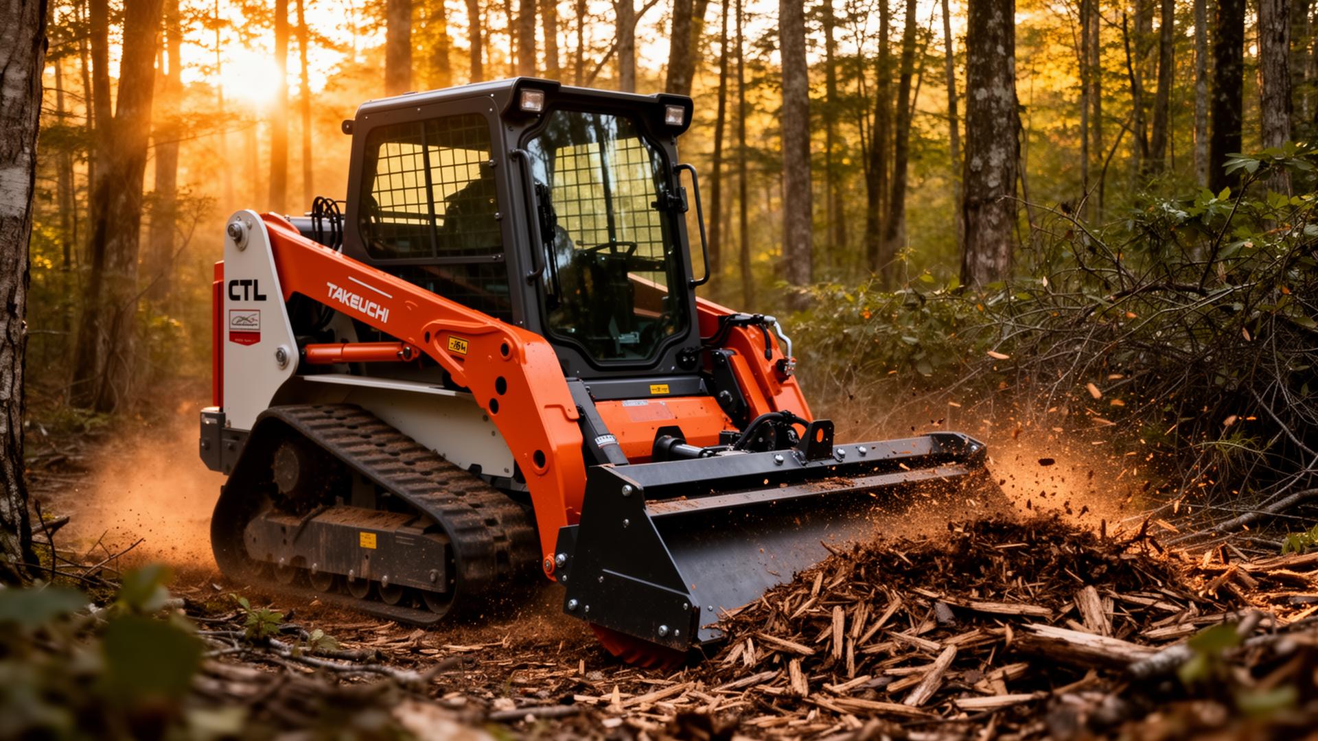 Compact track loader with forestry mulcher attachment clearing dense Kentucky woodland at sunset